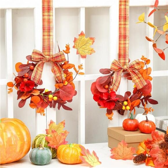 2 Pcs 9" Mini Fall Wreaths for Front Door Autumn Maple Leaf Wreath with Rustic - Picture 6 of 7
